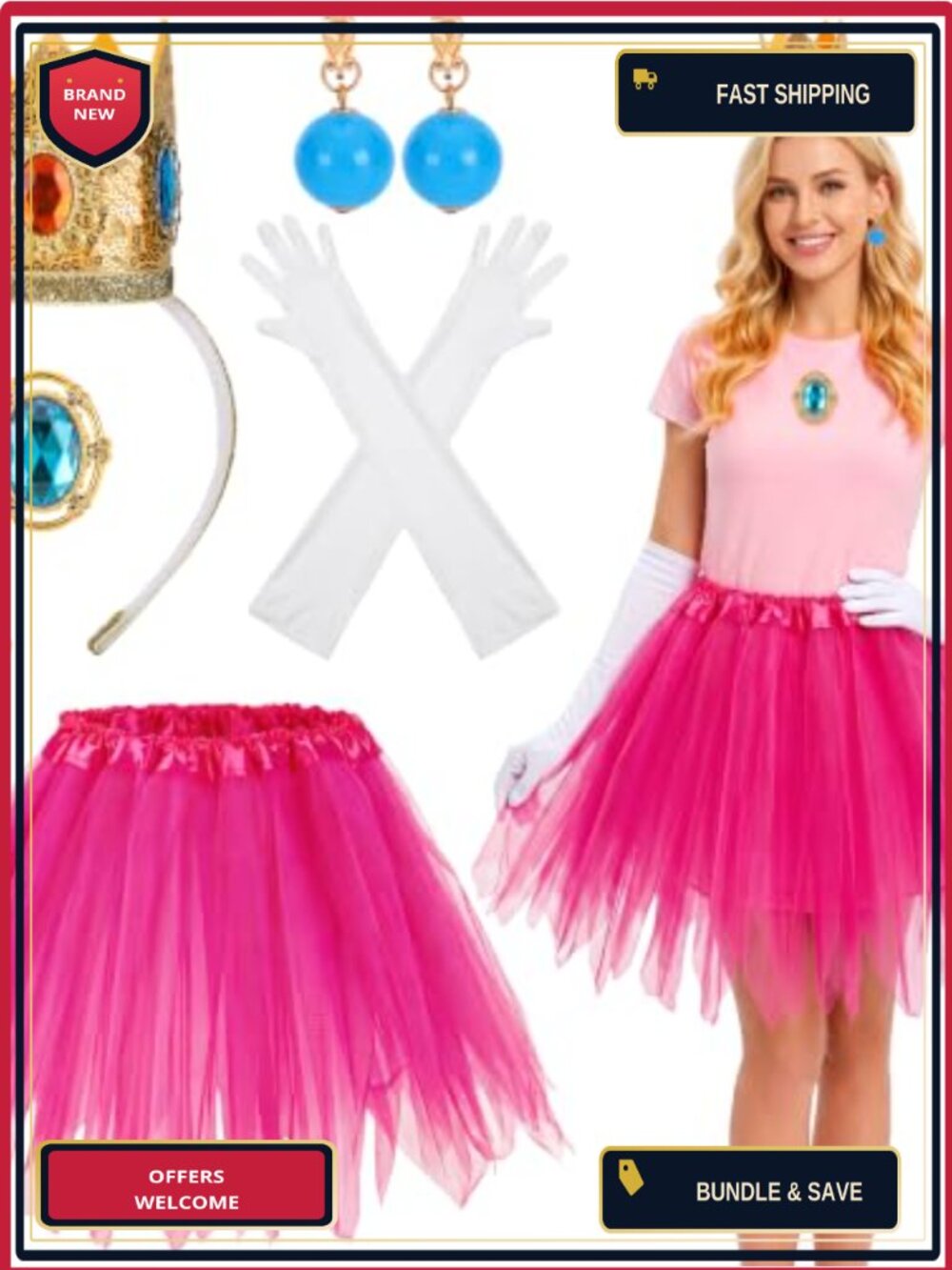 5Pc Princess Costume Set Tutu Gloves Crown Cosplay Accessories